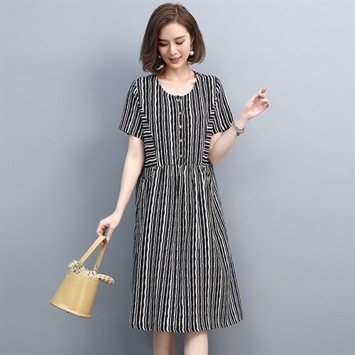 2021夏季新款简约时尚圆领拼接休闲舒适条纹连衣裙，女装连衣裙，丽影随形