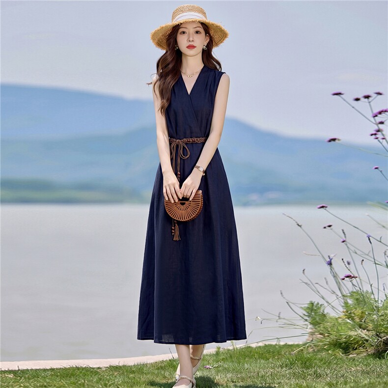 2026夏装新款简约时尚优雅气质V领无袖女装连衣裙,女装连衣裙,美沁