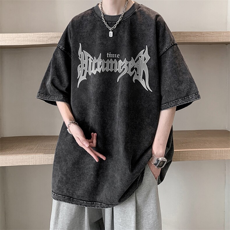抖音供货、10万现货印花款230克水洗棉短袖T恤D223A-ST2348-P35,男装T恤,电商019-1