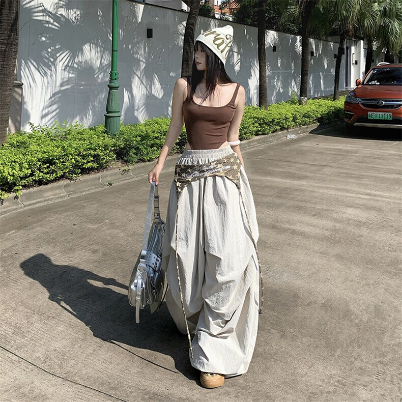 2025美式叠穿设计感绑带伞兵裤男女宽松休闲褶皱阔腿裤YD9043-P65,男装休闲裤,星座509