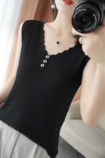 质感100%纯棉V领吊带背心女修身显瘦韩版无袖上衣新款内搭针织衫，女装马甲，秋双羊绒