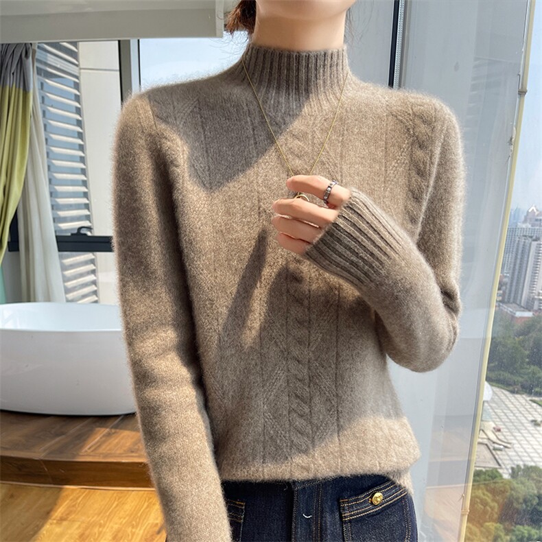 2025秋冬季新款半高领貂绒连衣裙女中长款针织羊毛打底开衫毛衣裙,女装羊毛衫,美轩羊绒