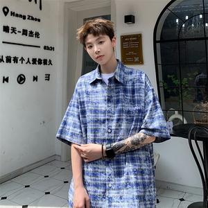 2026夏美式扎染刺绣格子短袖衬衫衬衣五分袖 CS1806/特P35 蓝色6图片