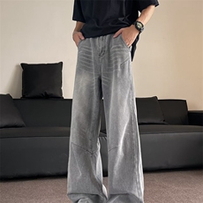 牛仔裤男秋季新款美式男装高街设计感折痕宽松直筒男士长裤子，男装牛仔裤，星座410-7