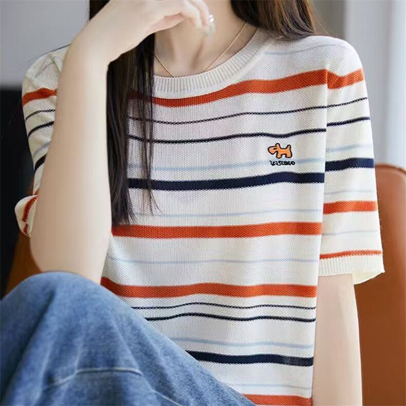 夏季新款女士简约时尚舒适条纹小狗短袖,女装T恤,萱芳婷羊绒