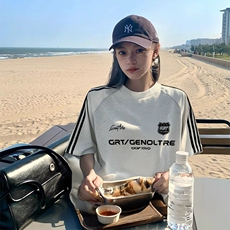 抖音得物品质二开240克宽松纯棉美式潮牌印花三条杠中性风短袖T恤，男装T恤，电商A486-1