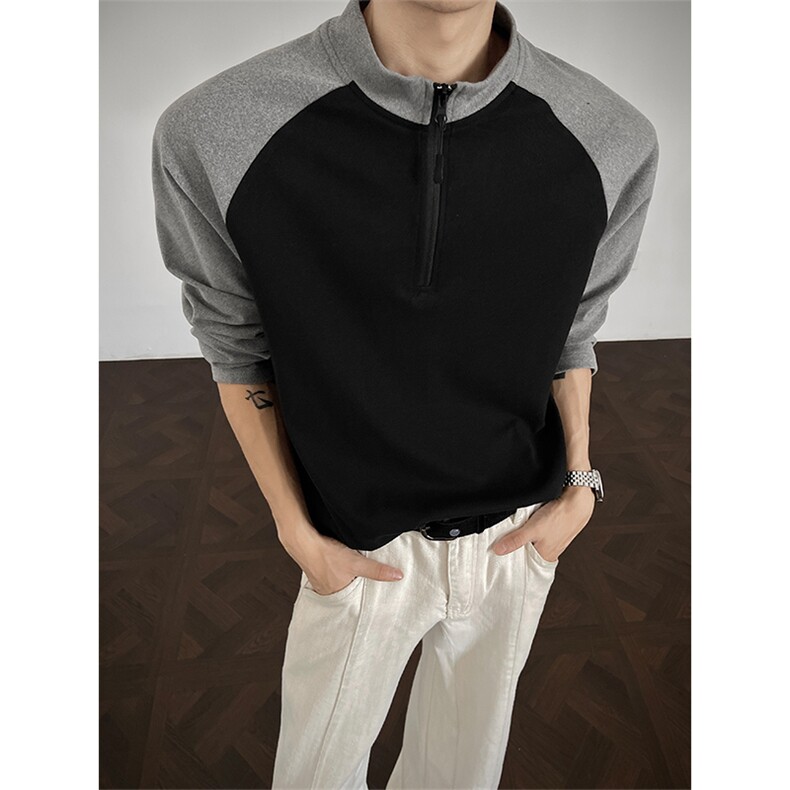 秋季百搭插肩袖德绒撞色拼接立领大码长袖T恤男T24514-特P25控48，男装T恤，电商A001-1