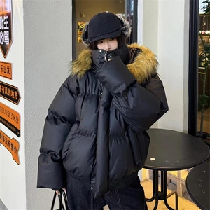 现货三防重磅硬挺boxy短款羽绒棉衣座山雕大毛毛领PU皮棉服外套冬图片