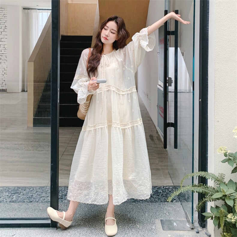 清纯乖乖妹白色连衣裙女春秋2025流行超火好看独特漂亮掐腰长裙子,女装连衣裙,2B187