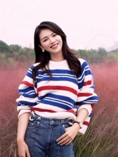 时尚百搭女士秋冬简约羊毛衫羊毛蓝红条纹宽松显瘦毛衣，女装羊毛衫，千御纺羊绒