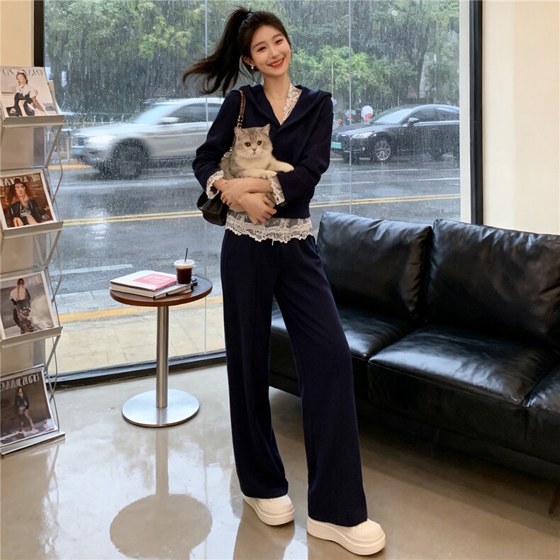 休闲运动套装秋季新款纯色连帽短款卫衣内搭蕾丝背心阔腿裤三件套,女装套装/套裙,江南