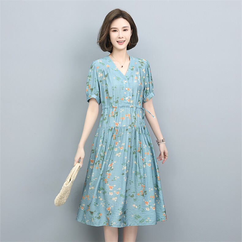 夏季新款优雅碎花连衣裙女宽松显瘦V领短袖长裙气质淑女裙,女装连衣裙,叶笙衣