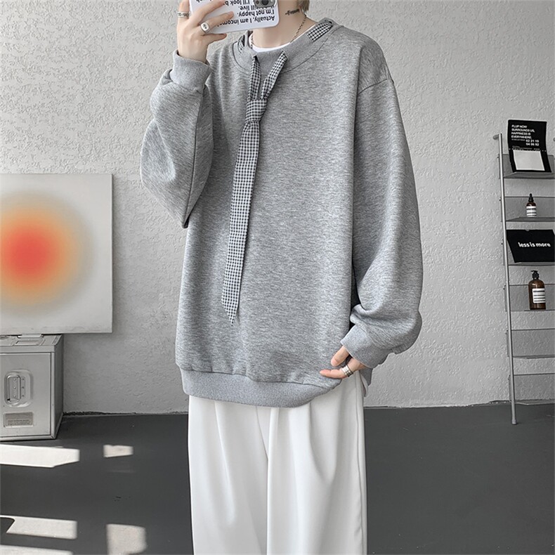 WY10160-特批50 控98 360g重磅格子拼接领带大码撞色个性卫衣男潮图片