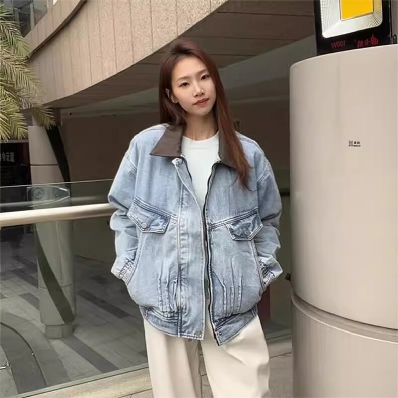 美式复古水洗做旧拼接翻领牛仔外套女2025早春浅蓝色夹克上衣,男装工装外套,星座1210-1