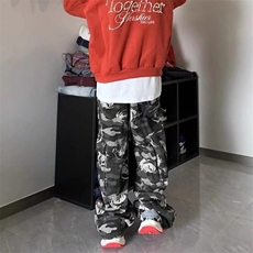美式高街vibe复古玫瑰印花迷彩工装裤男女宽松直筒垂感阔腿休，男装休闲裤，星座218-1（原230）