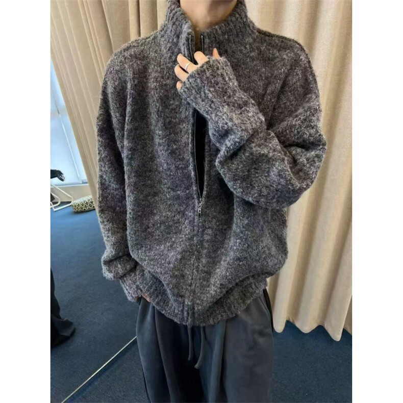 秋冬复古百搭耐脏宽松深灰拉链毛衣外套立领保暖针织衫ZZS108P75,男装针织衫/毛衣,电商D256-3(原A064-3)