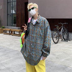 美式街头嘻哈宽松条纹格子衬衫男女ins小众设计情侣外套S8013-P45，男装衬衫，星座1008