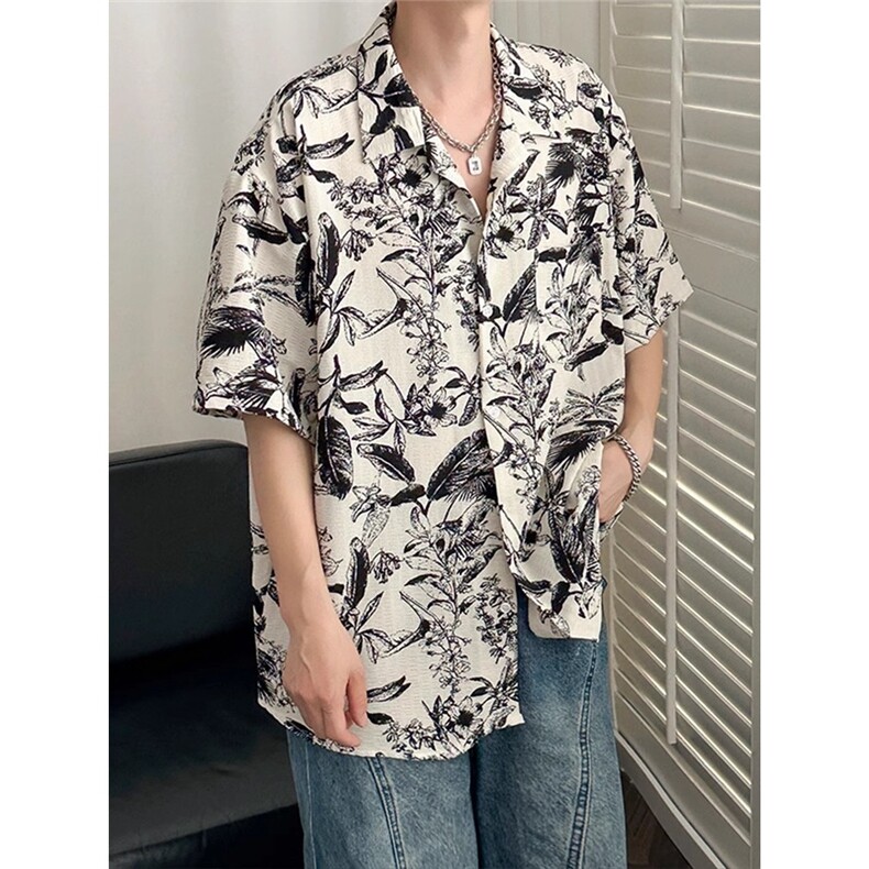 夏威夷夏季宽松花衬衫男高街vibe风短袖欧美痞帅小众度假沙滩衬衣,男装衬衫,星座1210-1