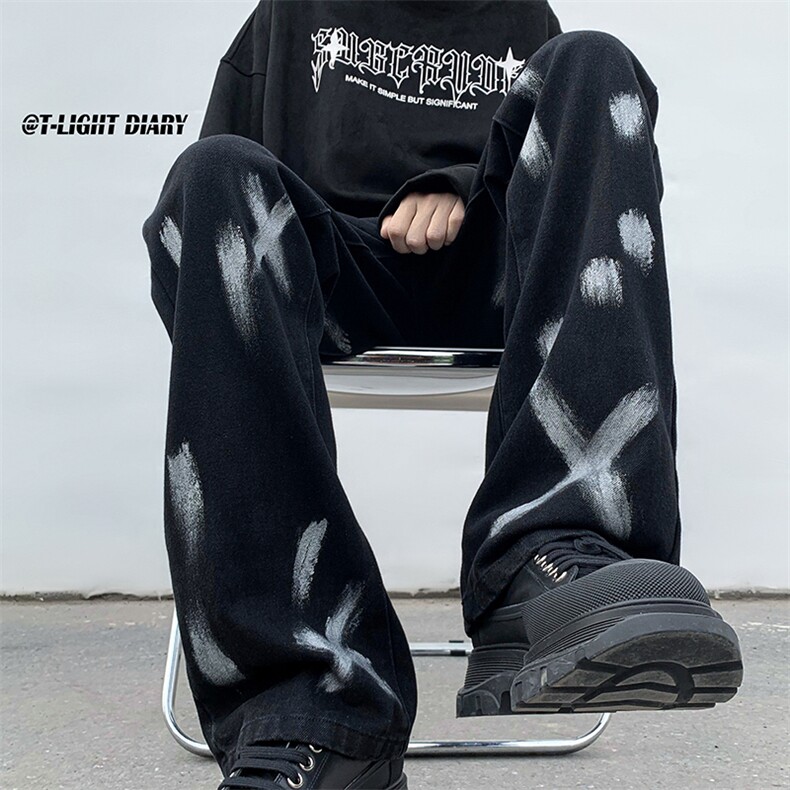 B221美式ins高街小众情侣款喷墨微喇牛仔裤LK22080-P60控78,男装牛仔裤,电商B221