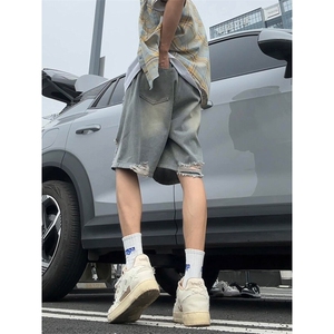 水洗做旧男女同款破洞牛仔裤潮流复古港风牛仔短裤K780TP35控58图片