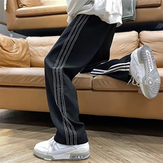 高街侧条纹直筒运动裤美式卫裤男女潮牌垂感黑色休闲裤子-H2026，男装休闲裤，星座601-2