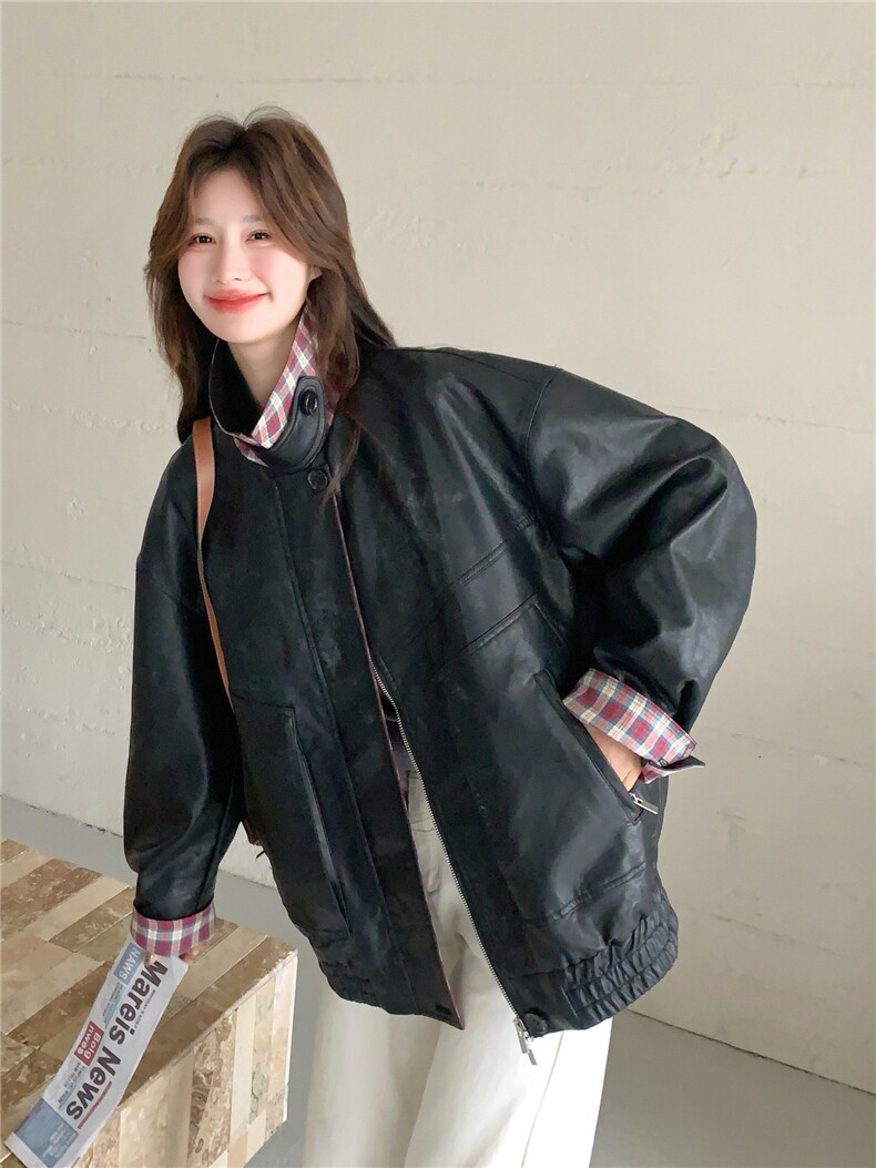 美式复古机车女孩皮衣女2026新款春季翻领宽松高级格纹撞色外套,女装皮衣,艾米莉亚