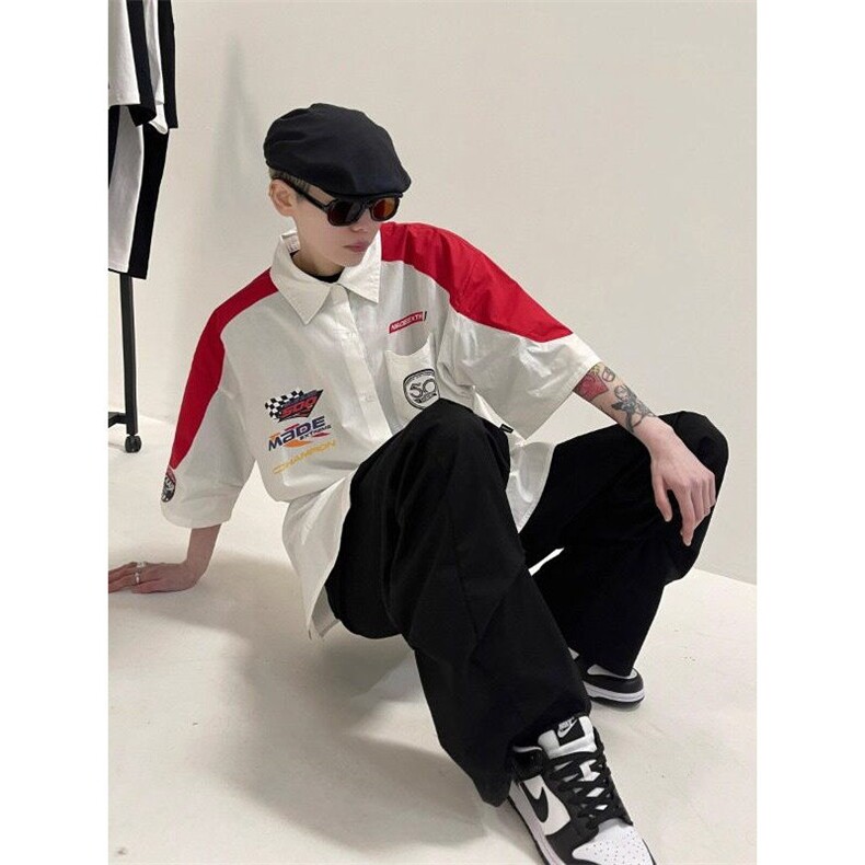 美式高街hiphop嘻哈赛车服短袖衬衫夏季潮牌机车POLO领短袖上衣,男装衬衫,星座506A