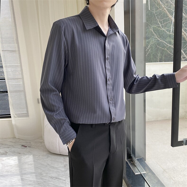条纹衬衫男韩版潮流高级设计感日系港风免烫长袖休闲宽松衬衣,男装衬衫,星座506