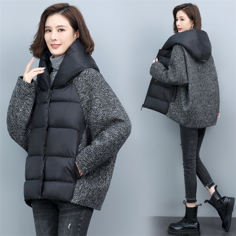 2024羊毛毛呢拼接棉衣棉服加厚保暖外套宽松女装冬装,女装棉衣/棉服,涵誉