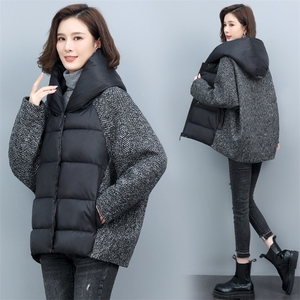 2024羊毛毛呢拼接棉衣棉服加厚保暖外套宽松女装冬装图片