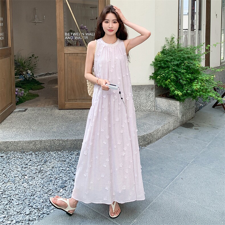 清纯系松弛感浅紫色无袖背心连衣裙女夏慵懒独特绝美度假连身长裙,女装连衣裙,浙宝305