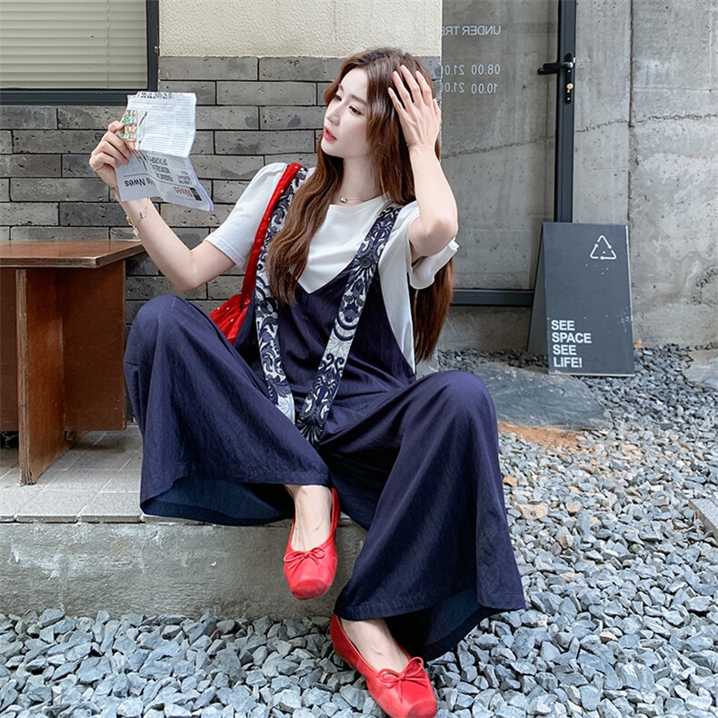 复古设计感拼色印花背带裤女夏季2025薄款小个子显瘦阔腿连体裤,女装连体裤,浙宝276（原081）
