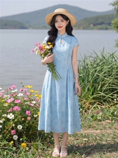 复古气质连衣裙女夏季新款女神范时尚收腰显瘦减龄中长款裙子，女装连衣裙，水衣源