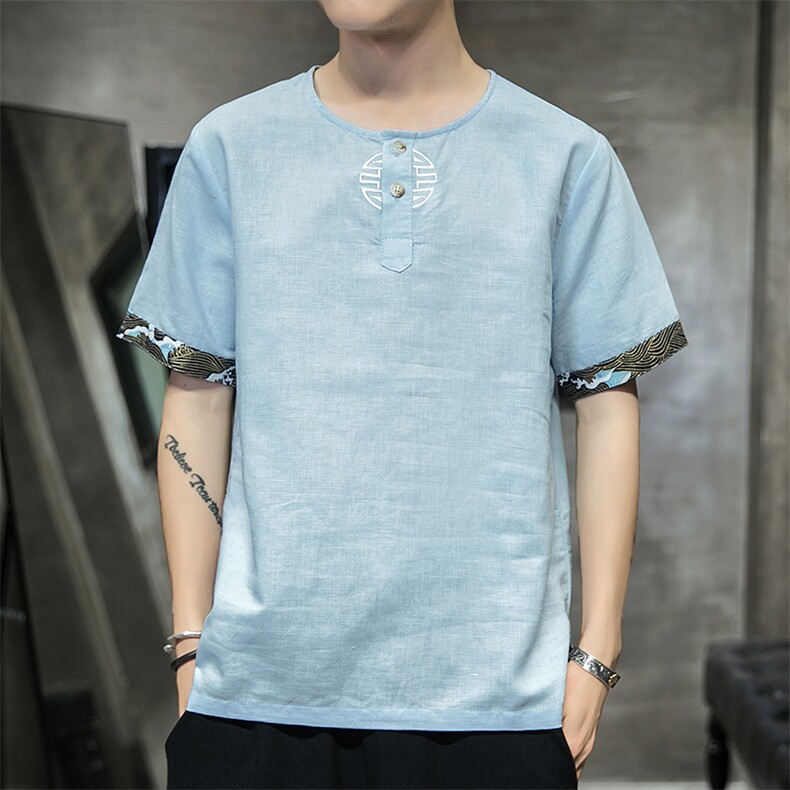 2021夏季新款男装中国风棉麻刺绣短袖上衣亚麻透气T恤浅蓝T16-，男装T恤，电商B277(原6028)