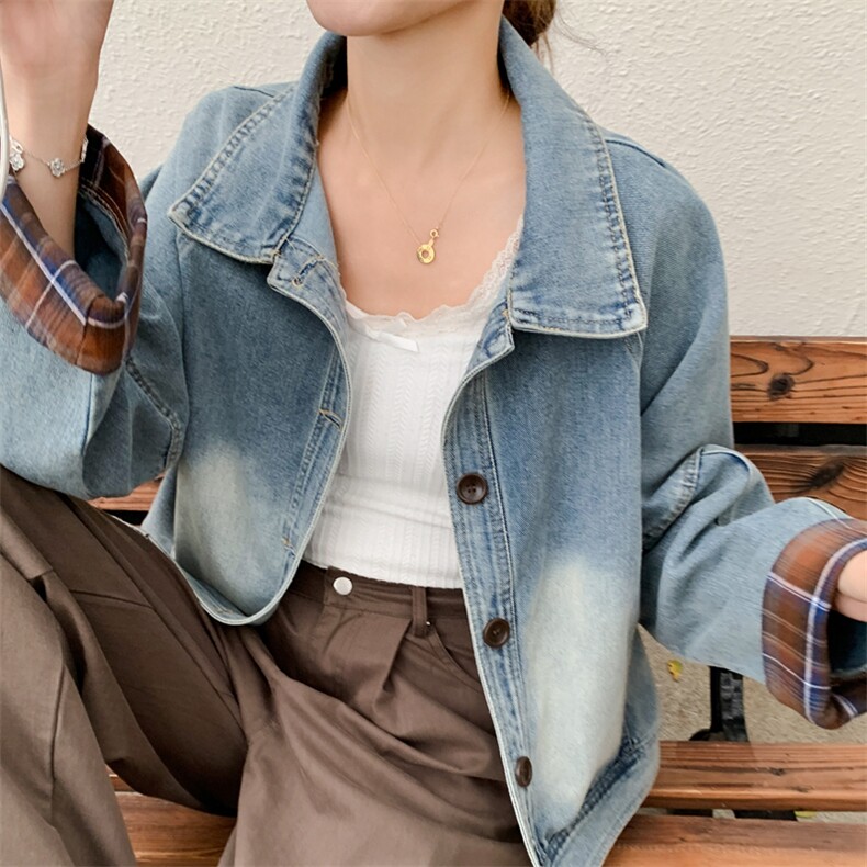 格子拼接牛仔外套女春秋2025新款百搭流行别致独特设计感夹克上衣,女装牛仔外套,慕依路