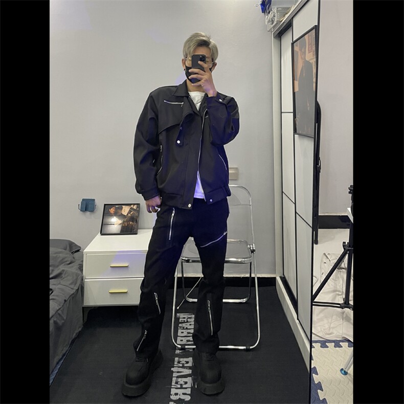 新款春秋简约宽肩黑男休闲设计感短款翻领解构夹克JK326-P68,男装夹克,星座1109-3