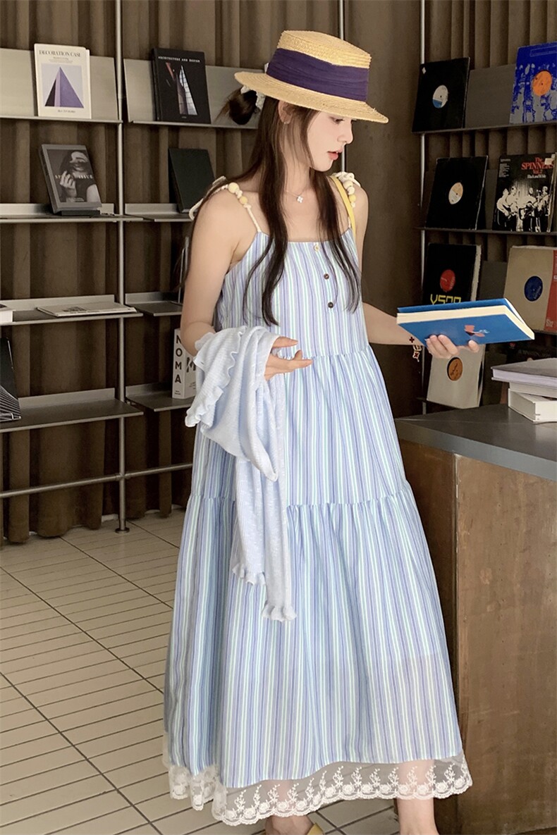 【新款】25夏季兰色竖条纹度假风两件套L602-P165-K228,女装连衣裙,2C317