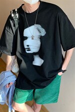 2024年新款男士宽松港风人脸抽象印花大码T恤A071-5520-P28，男装T恤，电商A071