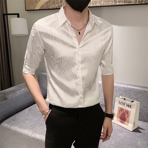店主风社会小伙男士中袖衬衫提花七分袖寸衣男301A-1/CS350/P55图片