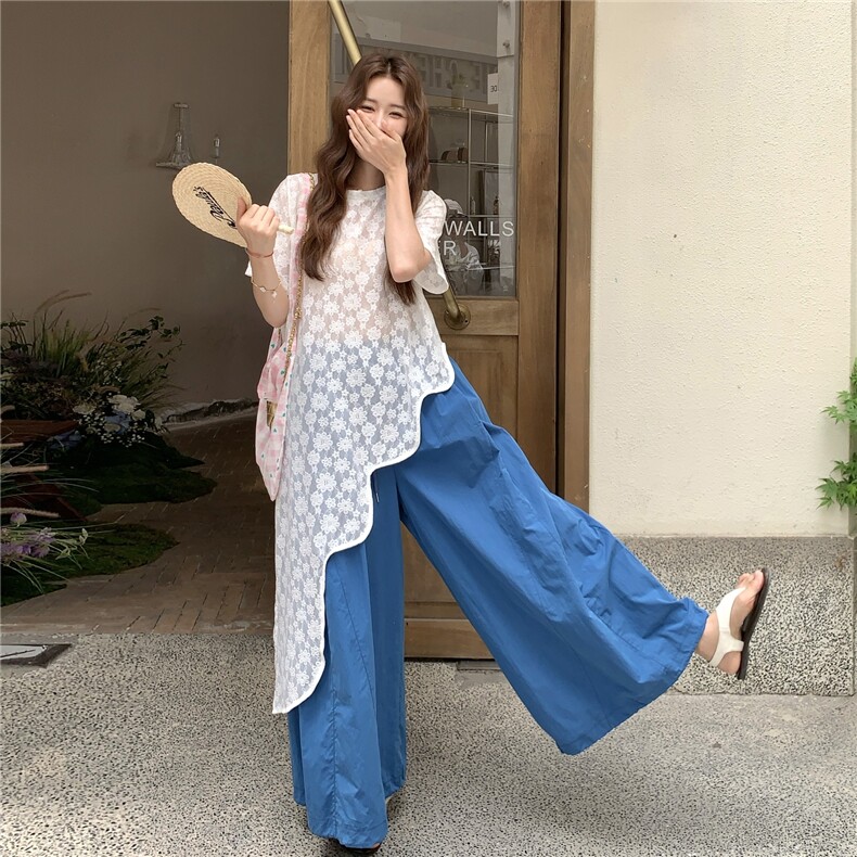 法式炸街套装女夏季2025新款设计感不规则上衣蕾丝拼接阔腿两件套图片