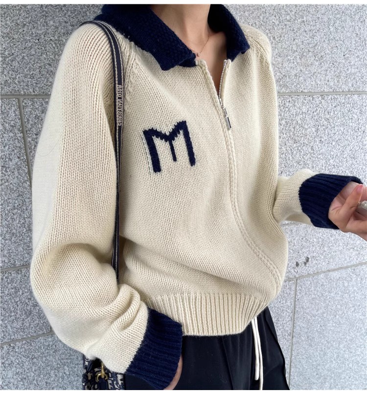 秋冬新款翻领开衫女拉链宽松M字母polo领针织衫韩版毛衣外套,女装羊毛衫,德聚羊绒