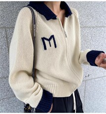 秋冬新款翻领开衫女拉链宽松M字母polo领针织衫韩版毛衣外套，女装羊毛衫，德聚羊绒