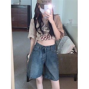 阔腿牛仔短裤女学生夏季新款高腰大码胖MM宽松直筒小个子五分中裤图片