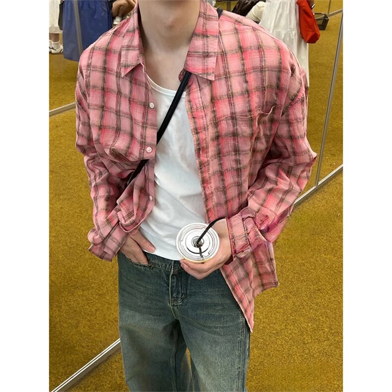 CS003有货（自家图）情侣防嗮衬衫美式粉色格子少年感～P45控68，男装衬衫，星座218-5