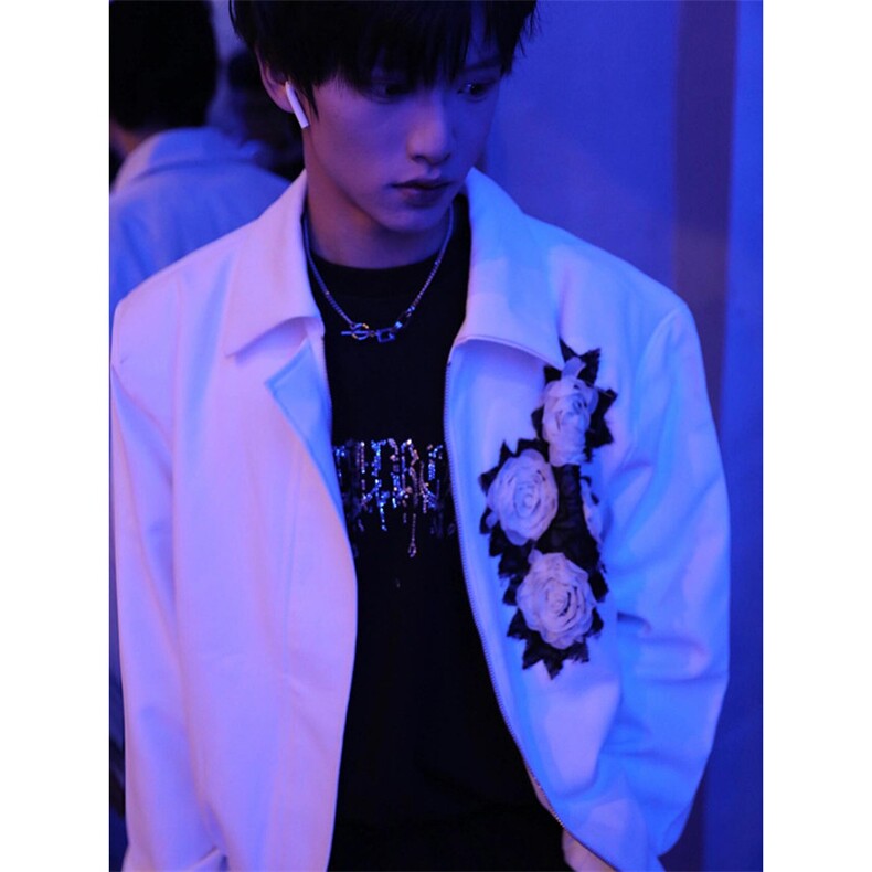 黑色纱网玫瑰花垫肩外套男潮月光白夹克cleanfit巴洛克西服 J05图片