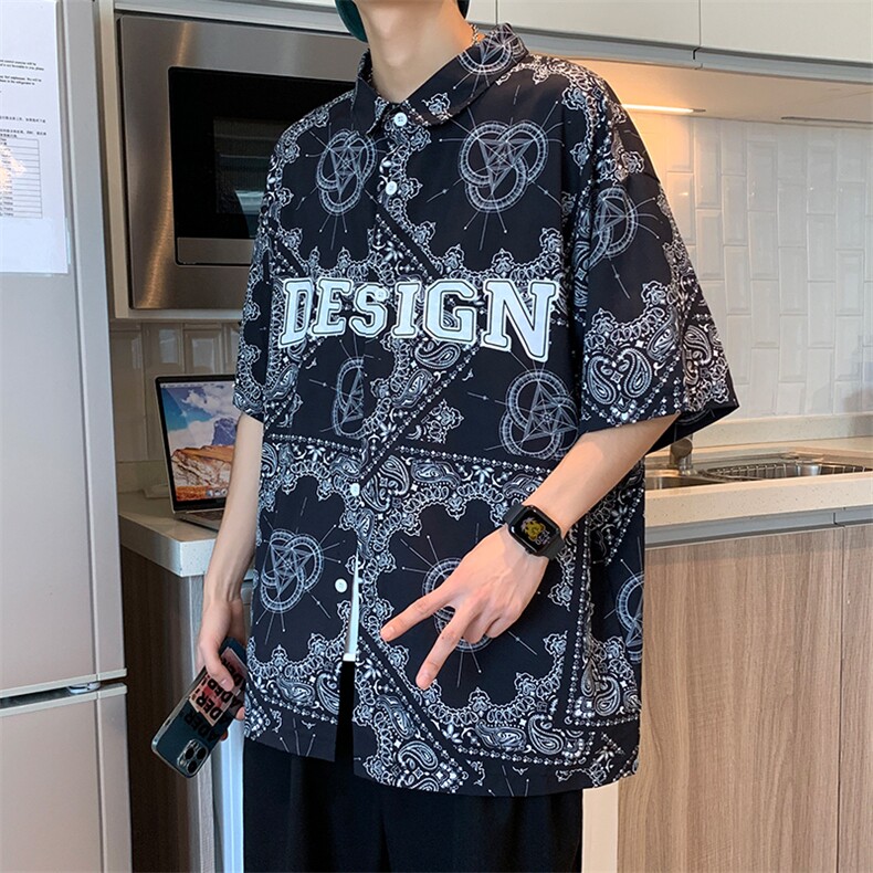 22年港风新款夏季衬衫短袖衬衣青少年宽松潮流休闲上衣CS1028-P40,男装衬衫,星座717