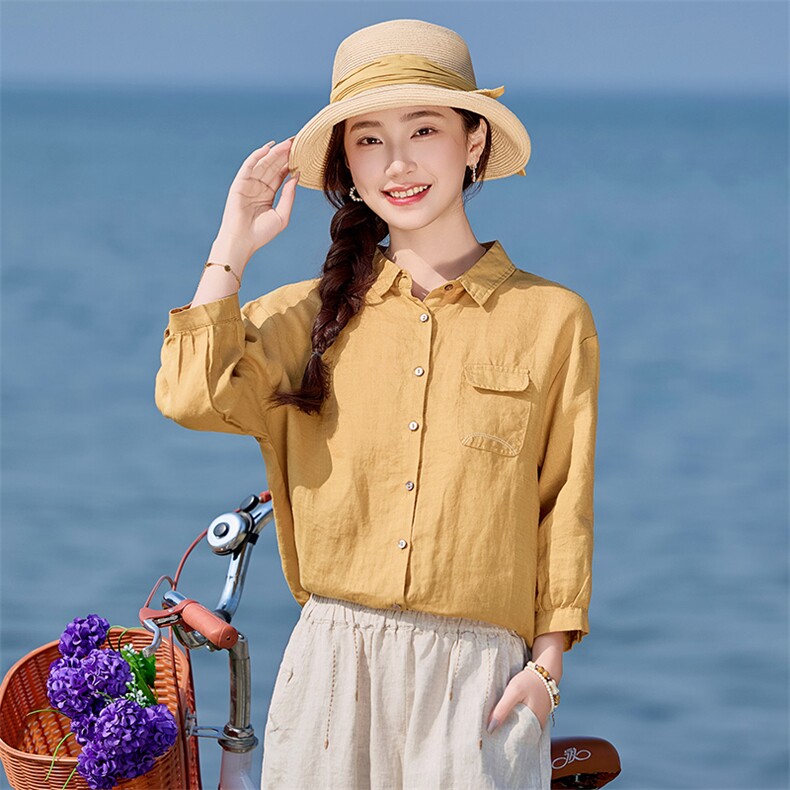 棉麻衬衫女2025夏季新款中年妈妈休闲宽松时尚洋气亚麻七分袖上衣,女装衬衫,涵誉