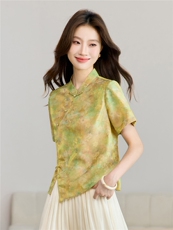 长期现货2026年夏季新款中式复古短袖小衬衫盘扣开衫上衣T恤女潮，女装T恤，璐依舞