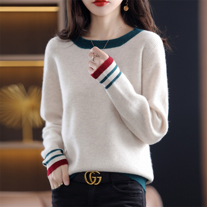 女式羊毛衫拼色领口袖口羊毛柔软舒适，女装羊毛衫，开创羊绒