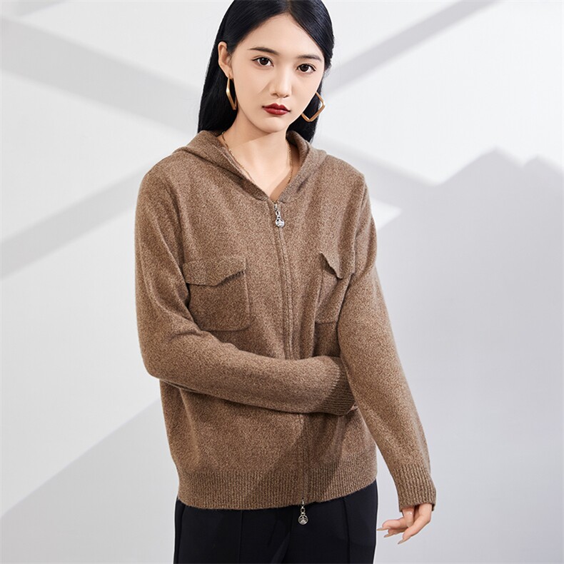时尚百搭秋冬新款羊绒双兜拉链长袖帽衫,女装羊绒衫,美够羊绒